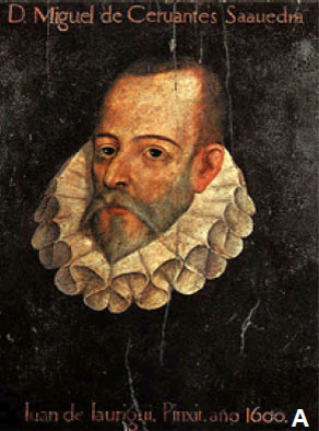 Figura 1: Retratos de Miguel de Cervantes, fechado en 1600 y atribuido a Juan de Jáuregui y Aguilar (A), y de Lope de Vega, obra de Luis Tristán (1614).