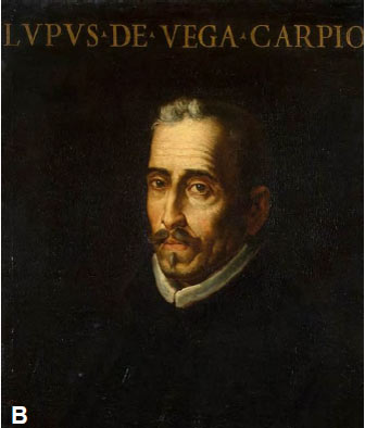 Figura 1: Retratos de Miguel de Cervantes, fechado en 1600 y atribuido a Juan de Jáuregui y Aguilar (A), y de Lope de Vega, obra de Luis Tristán (1614).