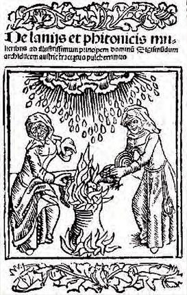 Figura 3: Brujas sosteniendo un gallo y una serpiente sobre un caldero. Ilustración de la obra De Lamiis y Phytonicis Muelieribus (Las brujas y mujeres adivinas), de Ulrich Molitor (Reutlingen: