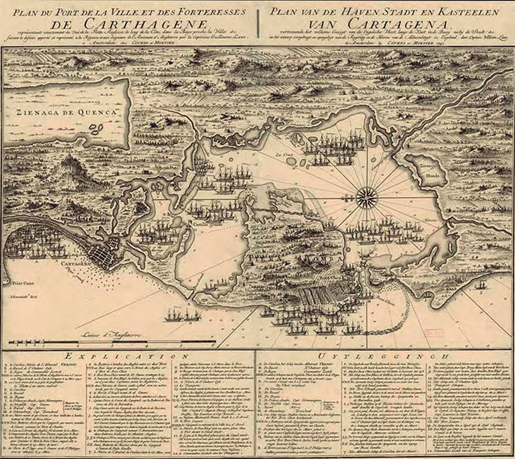 Figura 1. Plan	du	Port	de	la	Ville	et	des	Forteresses	de	Carthagene,	1741.	J.	Covens	&	C.	Mortier	(Mapoteca	Digital.	Biblioteca	Nacional	de	Colombia).
