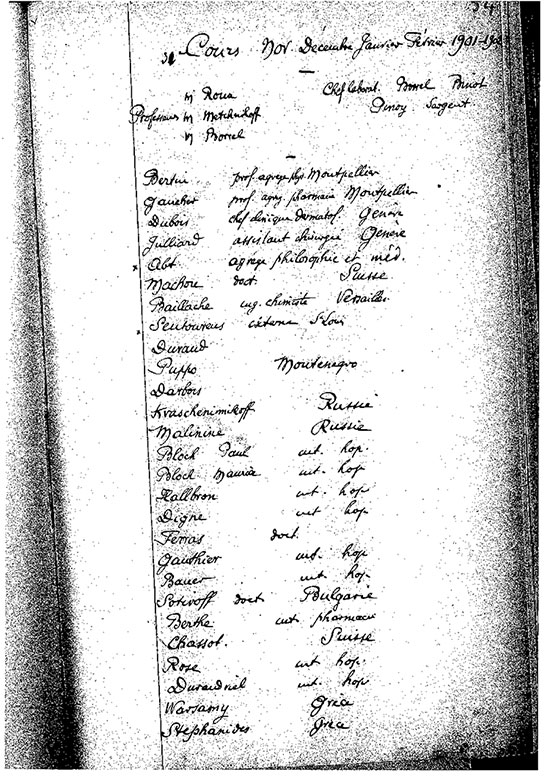  Fotocopia	de	los	listados	de	profesores,	asistentes	de	laboratorio	y	estudiantes	del	Curso	de	Microbiología	del	Instituto	Pasteur	en	el	invierno	de	1901-1902,	páginas	54	y	57.
