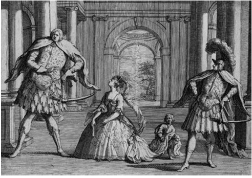 Figura 2. Caricatura de dos famosos castrati italianos, una mujer en medio, y atrás un enano.