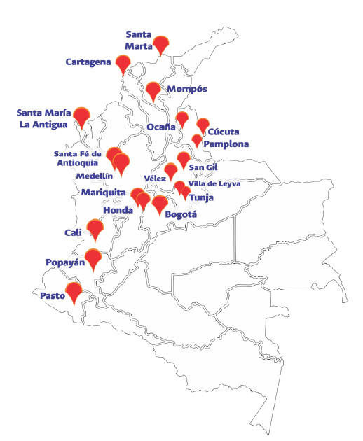 Figura 1. Localización geográfica de los Hospitales coloniales de Colombia