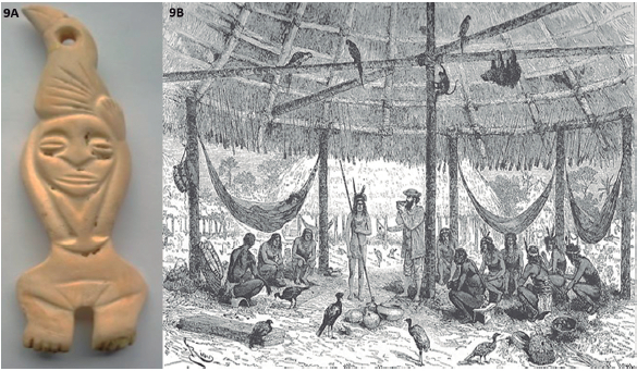 Figura 9A. Mujer indígena llevando un tucán sobre su cabeza, talladura en concha de la cultura Tairona (colección