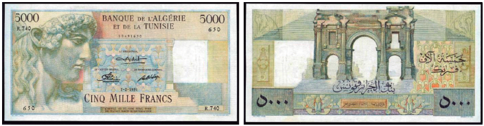 Figura 3 (a y b). Billete de Argelia de 5.000 francos de 1951, con la representación de Apolo en su anverso.