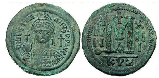 Figura 4. Follis (Bronce, 41,7 mm y 23,22 g). Imperio Bizantino, Justiniano I, 539 – 540 d.C.