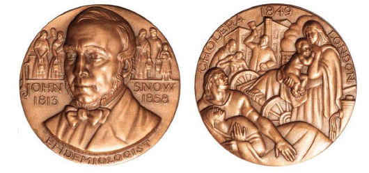 Figura 9 (a y b). Medalla en honor al doctor John Snow. Bronce (44 mm y 61 g).