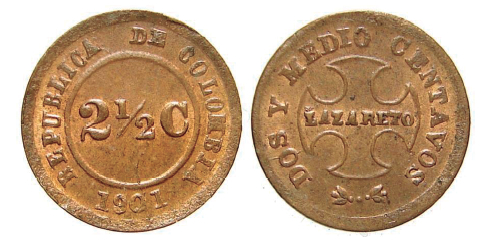 Figura 16. Moneda de 2 ½ centavos de Colombia, 1901, bronce (14mm y 1,3 g)