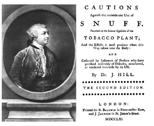 Figura 5. John Hill en 1761, descripción acerca del riesgo de la exposición moderada al Snuff de tabaco y el