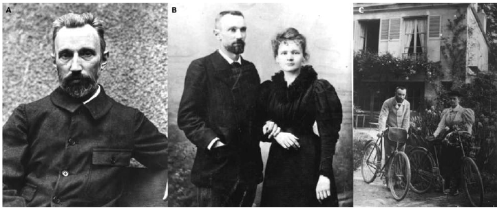 Figura 4A. Pierre Curie en 1905 (Fuente Musée Curie; coll. ACJC / Cote MCP64,02). B. Matrimonio de Pierre y