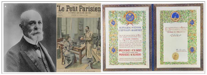 Figura 7A. Retrato de Henri Becquerel hacia 1903 (Fuente Musée Curie; coll. ACJC / Cote MCP73). B. Portada del