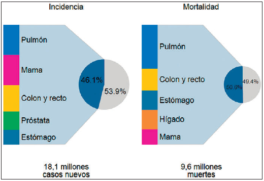 Figura 1. Incidencia y mortalidad por cáncer en el mundo, 2018, principales cánceres.