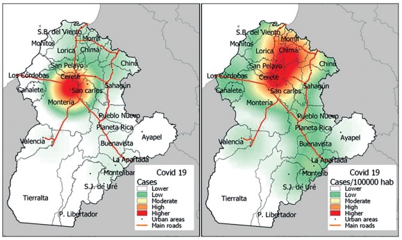 Figure 2. Monthly geographic distribution of Sar-CoV-2 infections in the department of Córdoba, Colombia, 2020 to