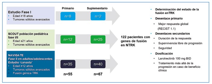 Figura 7. Incluye la secuencia de estudios desarrollados para la evaluación del larotrectinib en múltiples patologías