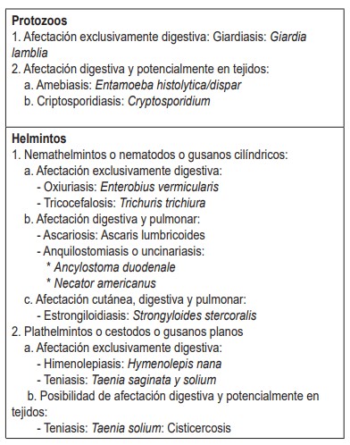 Tabla 1. Clasificación de las principales parasitosis intestinales.