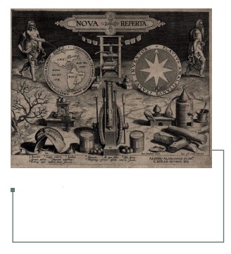 Figura 13: Portada de Nova Reperta con avances tecnológicos y científicos de la época. Johannes Stradanus, 1580 (22).