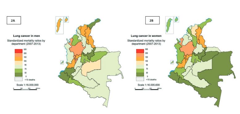 Mortalidad por CP para hombres (A) y mujeres (B) en Colombia