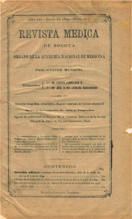 Revista Médica de Bogotá. Año XXI. Julio de 1899. Núm. 243