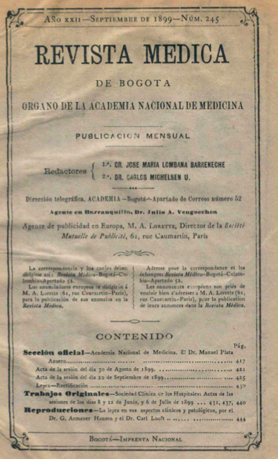 					Ver Vol. 22 Núm. 245 (1899): Revista Médica de Bogotá. Serie XXII. Septiembre de 1899. Núm. 245
				
