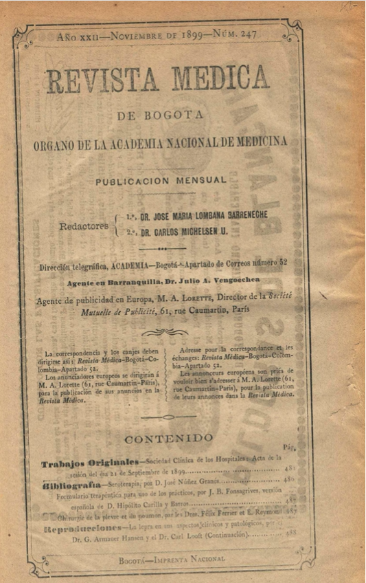 					Ver Vol. 22 Núm. 247 (1899): Revista Médica de Bogotá. Año XXII. Noviembre de 1899. Núm. 247
				