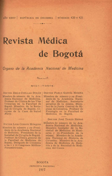 					Ver Vol. 35 Núm. 420-421 (1917): Revista Médica de Bogotá. Año XXXV. Junio y Julio de 1917. Núm. 420-421
				