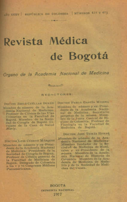 					Ver Vol. 35 Núm. 422-423 (1917): Revista Médica de Bogotá. Año XXXV. Agosto y septiembre de 1917. Núm. 422-423
				