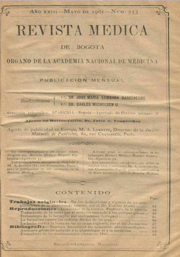 					Ver Vol. 23 Núm. 253 (1901): Revista Médica de Bogotá. Año XXIII. Mayo de 1901. Núm. 253
				