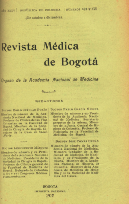 					Ver Vol. 35 Núm. 424-425 (1917): Revista Médica de Bogotá. Año XXXV. Octubre - Diciembre de 1917. Núm. 424-425
				