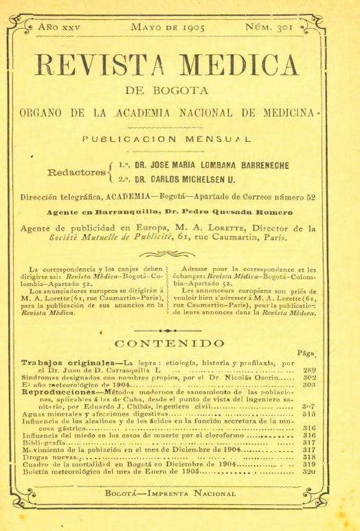 					Ver Vol. 25 Núm. 301 (1905): Revista Médica de Bogotá. Año XXV. Mayo de 1905. Núm. 301
				
