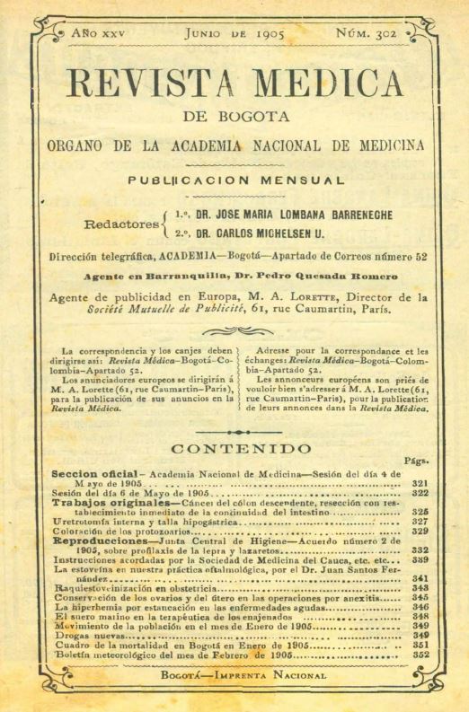					Ver Vol. 25 Núm. 302 (1905): Revista Médica de Bogotá. Año XXV. Junio de 1905. Núm. 302
				