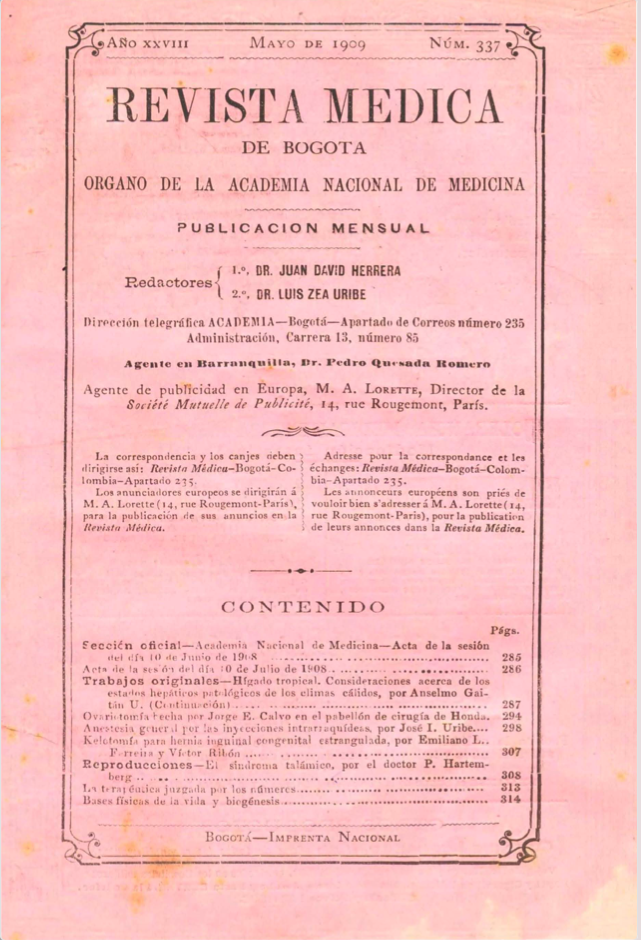 					Ver Vol. 28 Núm. 337 (1909): Revista Médica de Bogotá. Año XXVIII. Mayo de 1909. Núm. 337
				