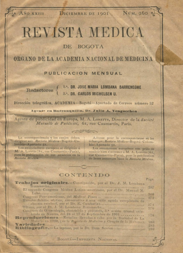 					Ver Vol. 23 Núm. 260 (1901): Revista Médica de Bogotá. Año XXIII. Diciembre de 1901. Núm. 260
				