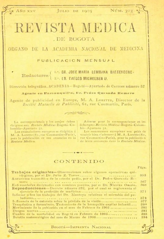 					Ver Vol. 25 Núm. 303 (1905): Revista Médica de Bogotá. Año XXV. Julio de 1905. Núm. 303
				