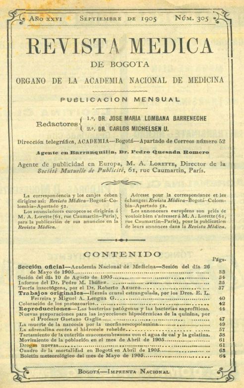 					Ver Vol. 26 Núm. 305 (1905): Revista Médica de Bogotá. Año XXVI. Septiembre de 1905. Núm. 305
				