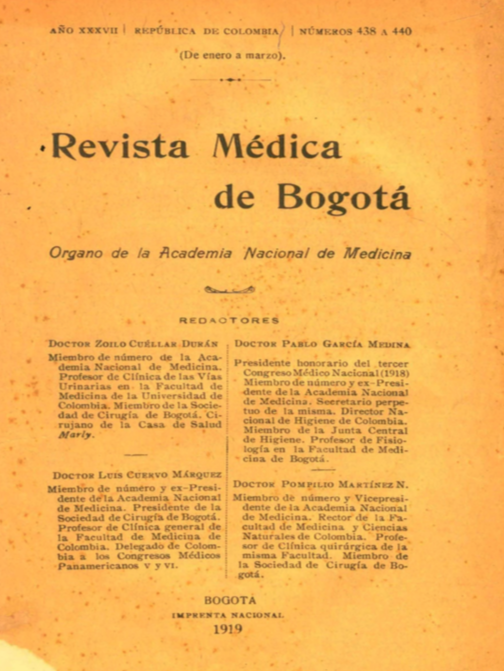 					Ver Vol. 37 Núm. 438-440 (1919): Revista Médica de Bogotá. Año XXXVII. Enero a marzo de 1919. Núm. 438-440
				