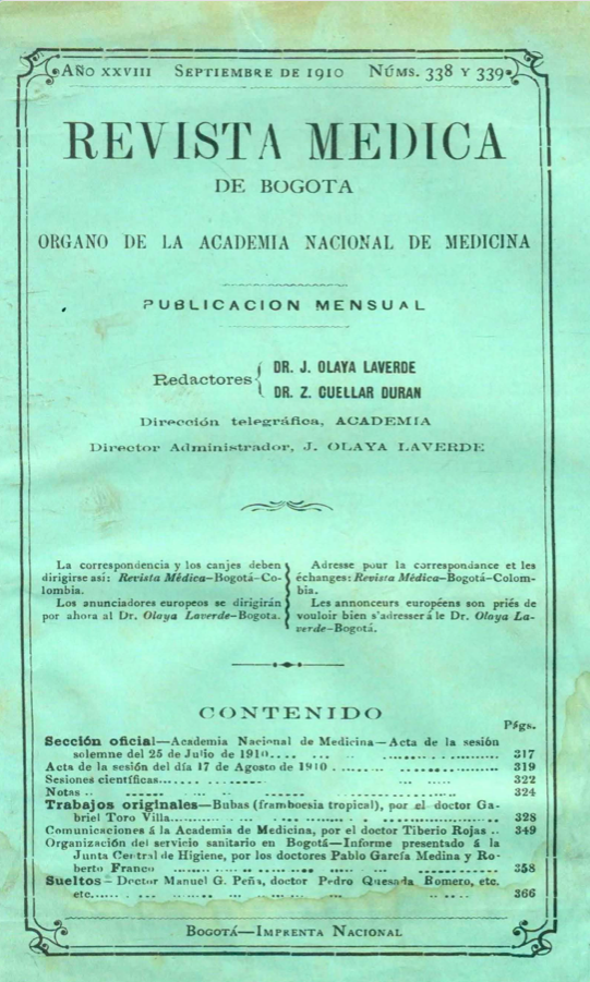 					Ver Vol. 28 Núm. 338-339 (1910): Revista Médica de Bogotá. Año XXVIII. Septiembre de 1910. Núm. 338-339
				