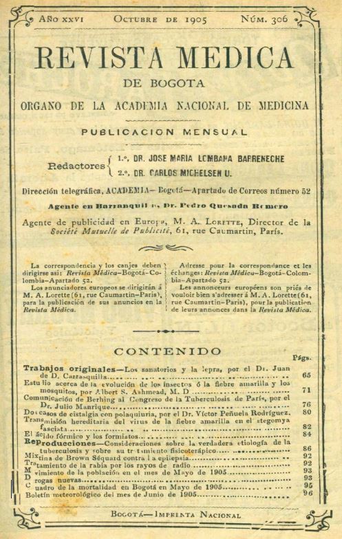 					Ver Vol. 26 Núm. 306 (1905): Revista Médica de Bogotá. Año XXVI. Octubre de 1905. Núm. 306
				