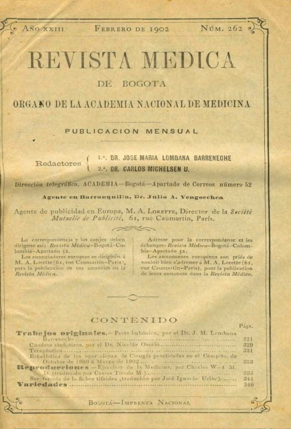 					Ver Vol. 23 Núm. 262 (1902): Revista Médica de Bogotá. Año XXIII. Febrero de 1902. Núm. 262
				