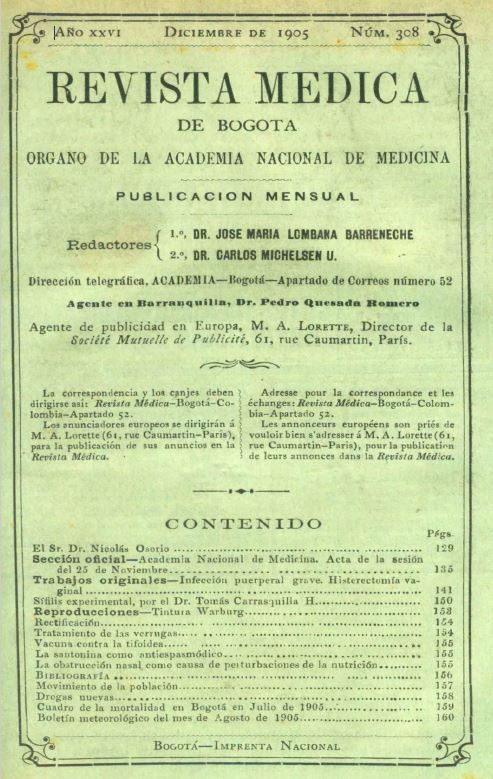 					Ver Vol. 26 Núm. 308 (1905): Revista Médica de Bogotá. Año XXVI. Diciembre de 1905. Núm. 308
				