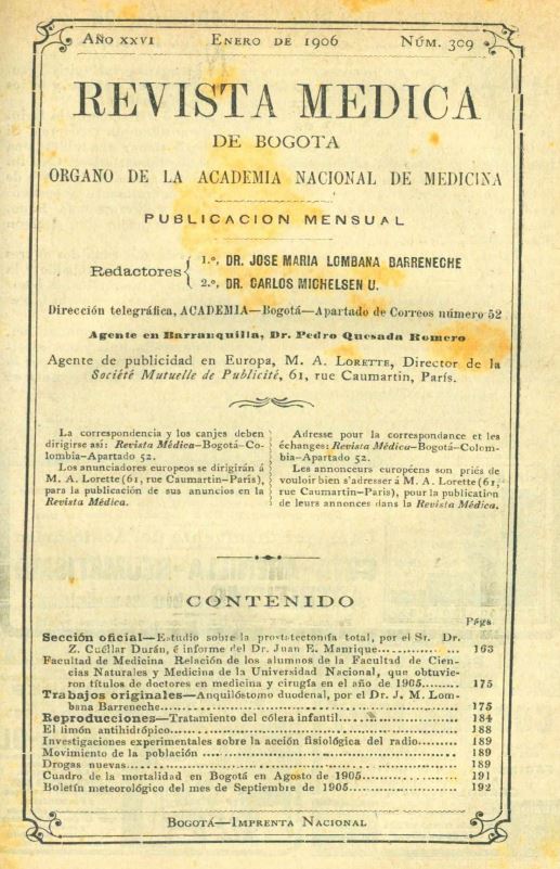					Ver Vol. 26 Núm. 309 (1906): Revista Médica de Bogotá. Año XXVI. Enero de 1906. Núm. 309
				