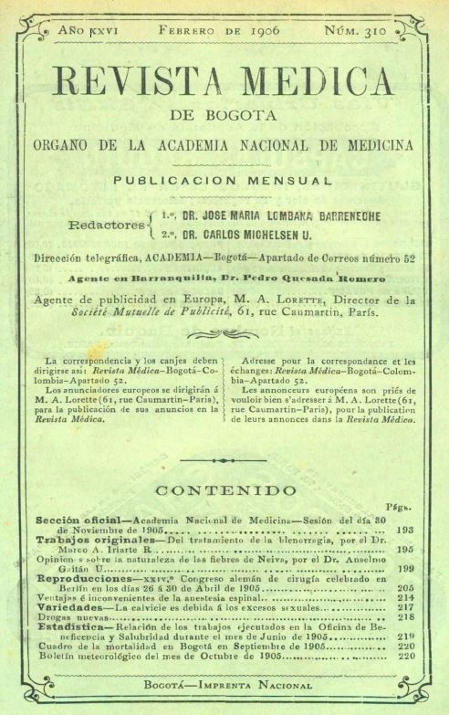 					Ver Vol. 26 Núm. 310 (1906): Revista Médica de Bogotá. Año XXVI. Febrero de 1906. Núm. 310
				