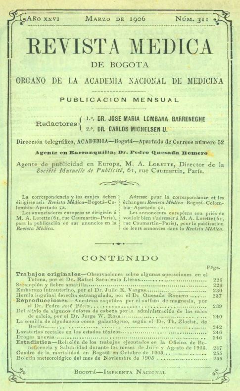 					Ver Vol. 26 Núm. 311 (1906): Revista Médica de Bogotá. Año XXVI. Marzo de 1906. Núm. 311
				