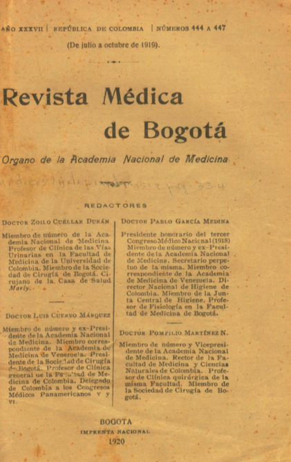 					Ver Vol. 37 Núm. 444-447 (1919): Revista Médica de Bogotá. Año XXXVII. Julio a Octubre de 1919. Núm. 444-447
				