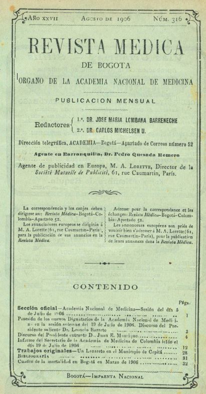 					Ver Vol. 27 Núm. 316 (1906): Revista Médica de Bogotá. Año XXVII. Agosto de 1906. Núm. 316
				