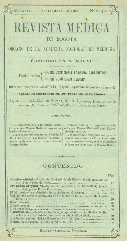 					Ver Vol. 27 Núm. 317 (1906): Revista Médica de Bogotá. Año XXVII. Septiembre de 1906. Núm. 317
				