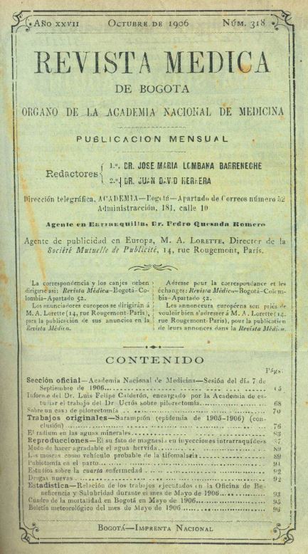 					Ver Vol. 27 Núm. 318 (1906): Revista Médica de Bogotá. Año XXVII. Octubre de 1906. Núm. 318
				