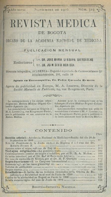 					Ver Vol. 27 Núm. 319 (1906): Revista Médica de Bogotá. Año XXVII. Noviembre de 1906. Núm. 319
				