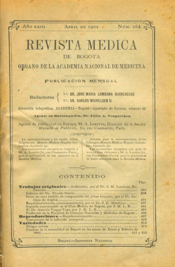 					Ver Vol. 23 Núm. 264 (1902): Revista Médica de Bogotá. Año XXIII. Abril de 1902. Núm. 264
				