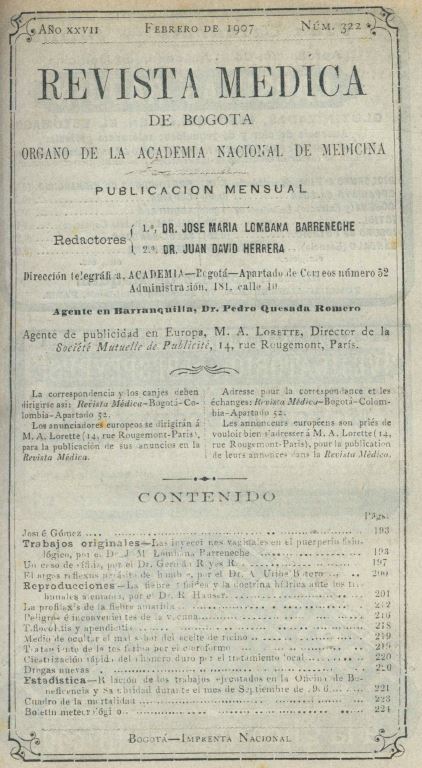 					Ver Vol. 27 Núm. 322 (1907): Revista Médica de Bogotá. Año XXVII. Febrero de 1907. Núm. 322
				