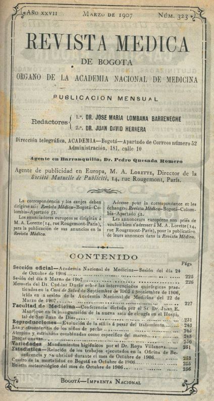 					Ver Vol. 27 Núm. 323 (1907): Revista Médica de Bogotá. Año XXVII. Marzo de 1907. Núm. 323
				